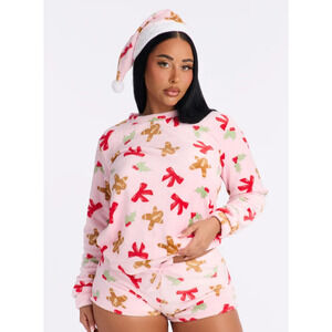Sweet Gingerbread 3 Piece Plush Crew Neck PJ Short Set - Pink